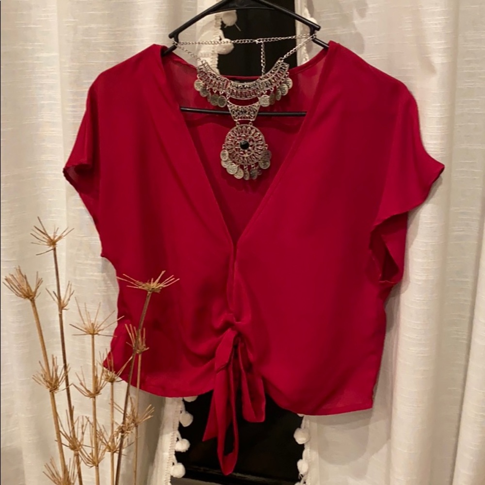• Ruby Red • Romantic Plunging Crop Bow Blouse • - Picture 2 of 5